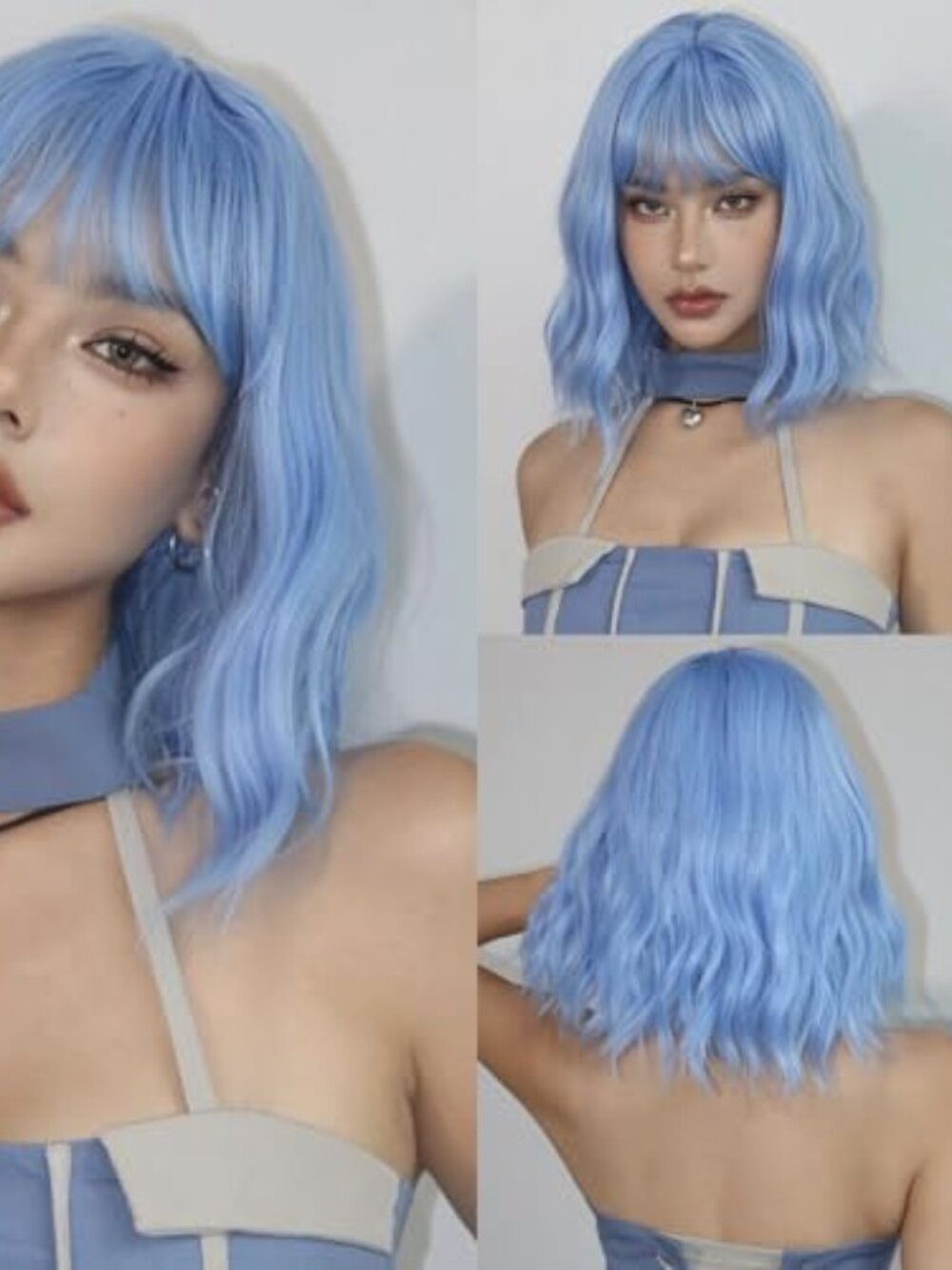 Light Blue Wavy Bob Wig with Bangs, Short Shoulder Length Wig